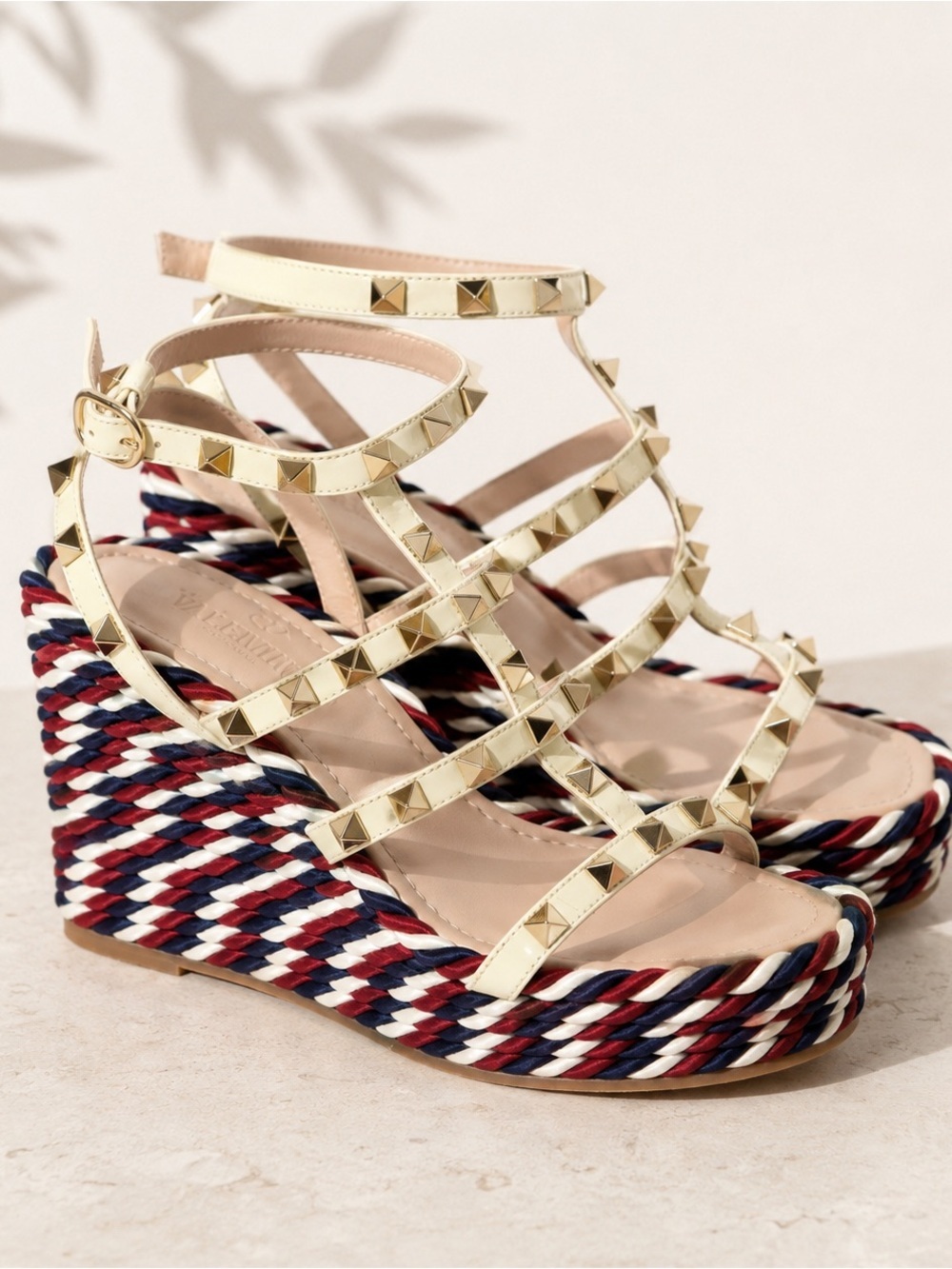 Valentino Garavani Rockstud Braided Rope Platform Wedge Sandals Size 37